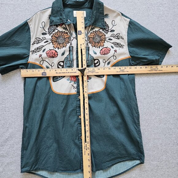 Boozelele Men's Western Shirt Size Large Pistolero Flowers Turquoise Button Up - Picture 2 of 5